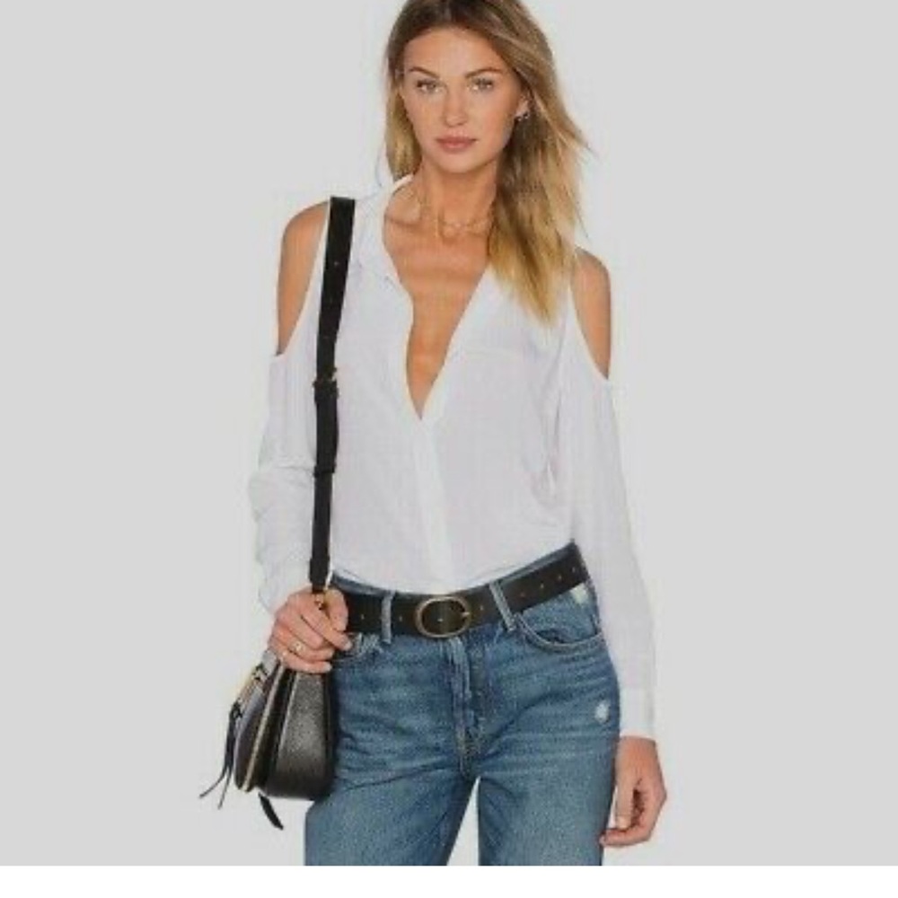 Equipment White Long Sleeve Open Cold Shoulder Button Down Blouse Top